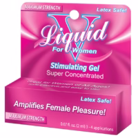 Liquid V for Women Stimulating Gel box packaging — pink design with text reading ‘Amplifies Female Pleasure’ and ‘Latex Safe,’ available from Saphire’s Toys.