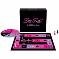 A black and pink adult board game called “Let’s Fck! The XXX Sex Game” displayed with its game board, spinner wheel, and game pieces. The board shows erotic icons and foreplay prompts in bright pink and blue squares.