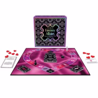 Fantasy Affairs adult board game displayed with a pink heart-themed game board, cards, dice, heart tokens, and the decorative game box in the background.