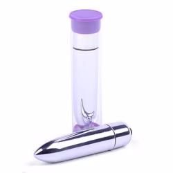 Clear round tube looking case with purple caps, inside is a silver bullet vibrator