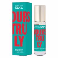 Yours Truly pheromone perfume oil by Simply Sexy with gold and floral label Simply Sexy Yours Truly roll-on scent with citrus, florals, and musk