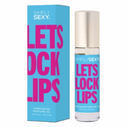 Let’s Lock Lips pheromone perfume roll-on bottle in pink-themed packaging Simply Sexy Let’s Lock Lips scent with floral and musk notes