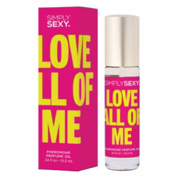 Love All of Me pheromone perfume oil with pink floral label and gold cap Simply Sexy Love All of Me scent with vanilla and tropical fruit notes